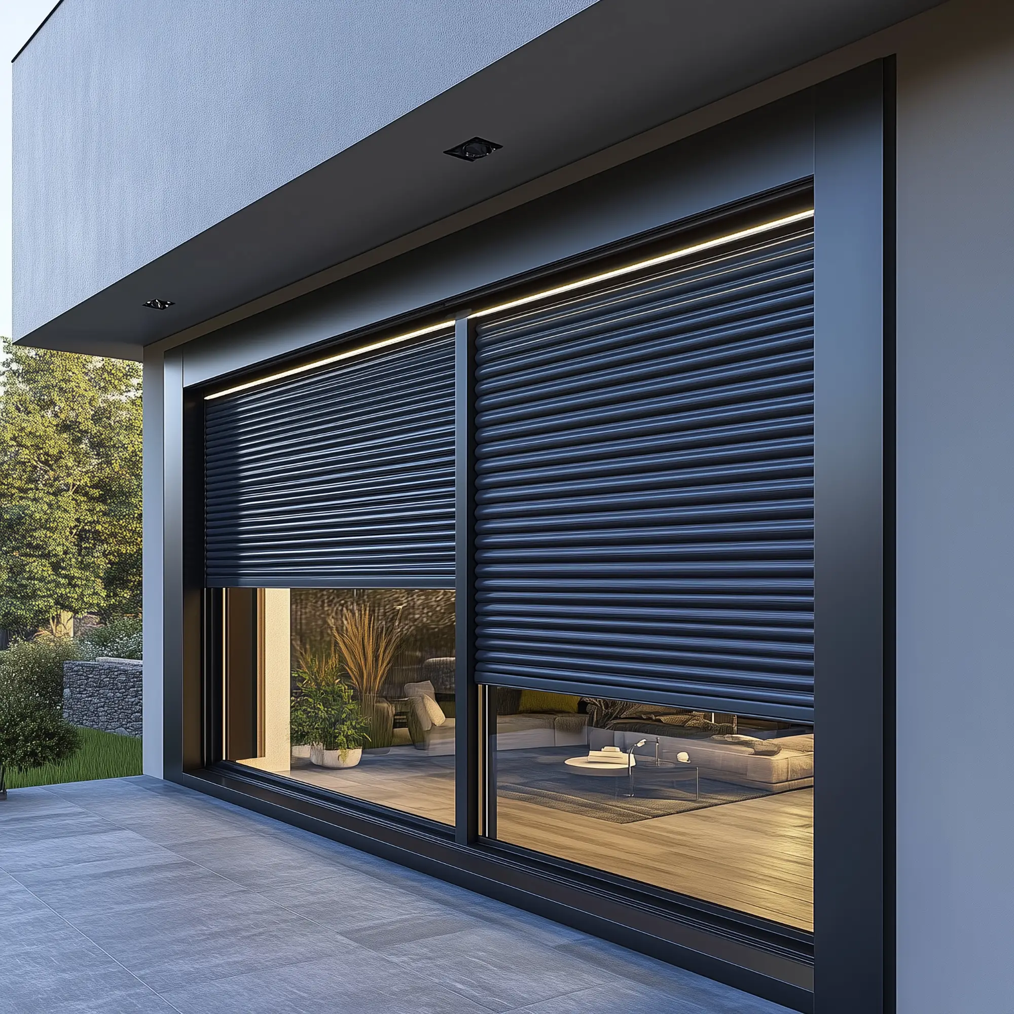 maison avec large fenetre et volets roulants noirs